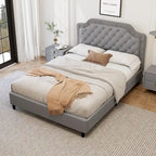Modern Queen Size Upholstered Bed with Ruched and Button Tufted Headboard, Wooden Frame with Metal Base, No Box Spring Needed