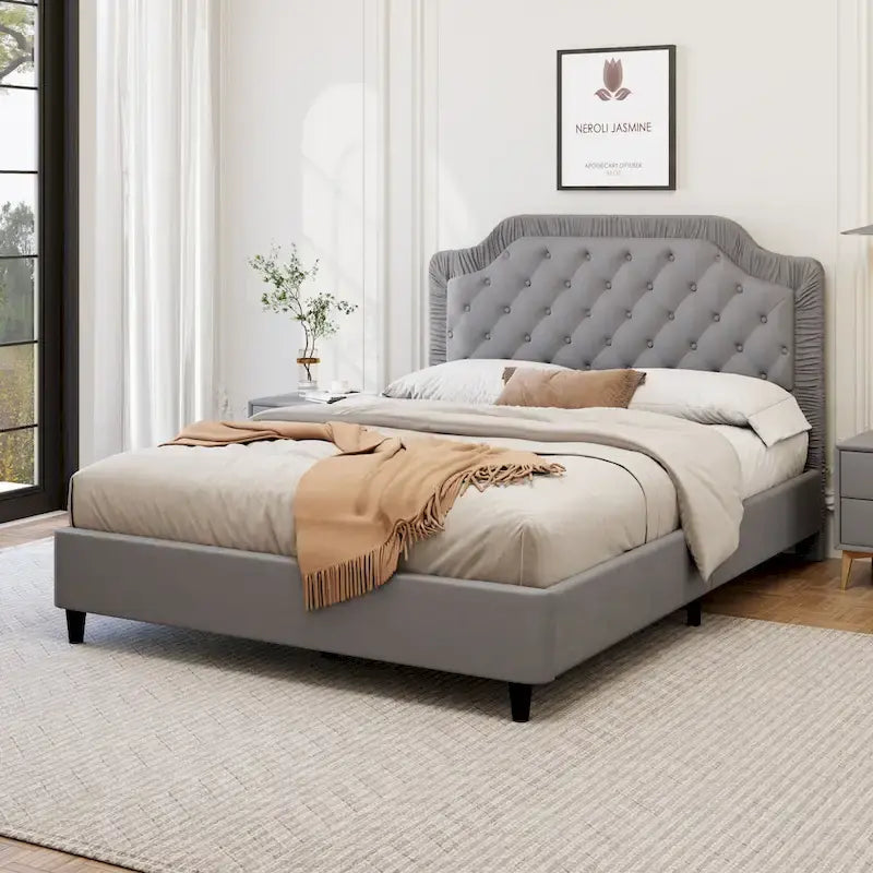 Modern Queen Size Upholstered Bed with Ruched and Button Tufted Headboard, Wooden Frame with Metal Base, No Box Spring Needed