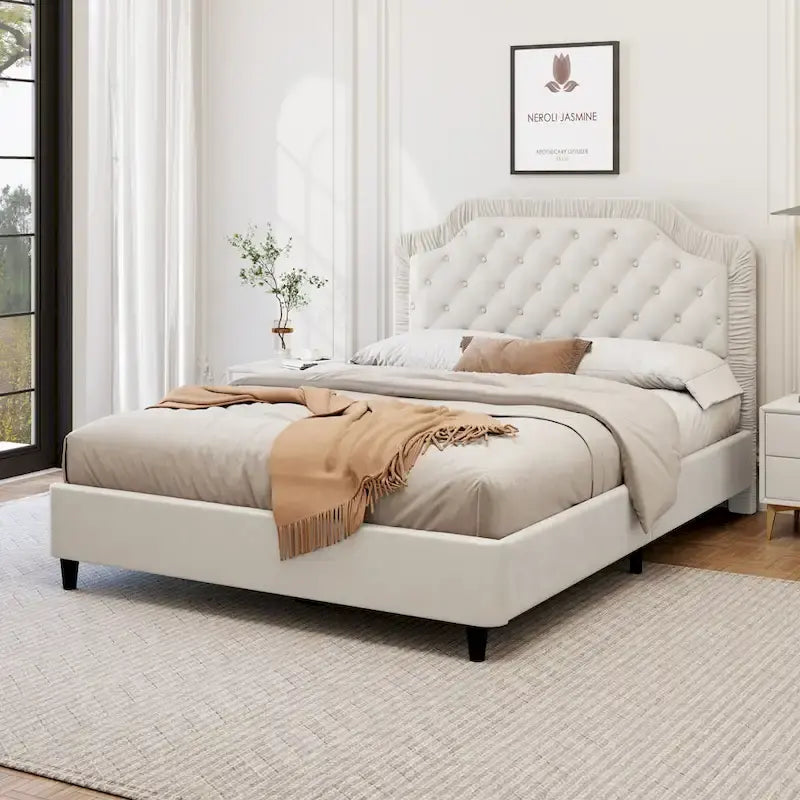 Modern Queen Size Upholstered Bed with Ruched and Button Tufted Headboard, Wooden Frame with Metal Base, No Box Spring Needed