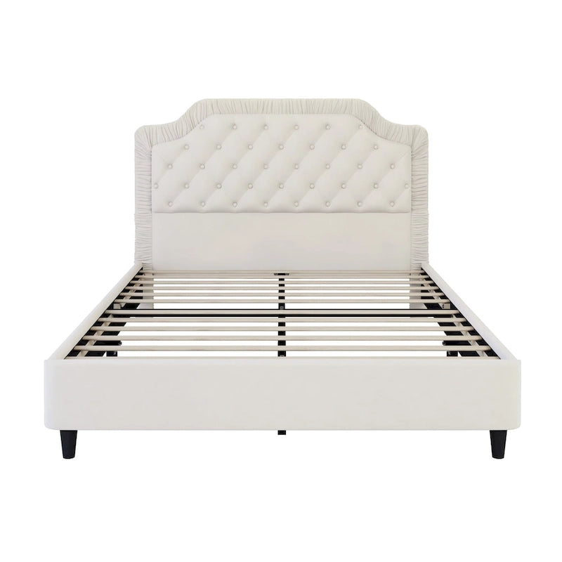 Modern Queen Size Upholstered Bed with Ruched and Button Tufted Headboard, Wooden Frame with Metal Base, No Box Spring Needed
