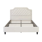 Modern Queen Size Upholstered Bed with Ruched and Button Tufted Headboard, Wooden Frame with Metal Base, No Box Spring Needed
