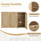 Buffet Cabinet with Artificial Rattan Doors, 3-Door Sideboard Cabinet with Shelves, Coffee Bar Cabinet with Metal Handles