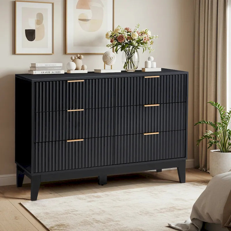EROMMY Fluted Dresser 6 Drawer Mid Century Modern Dresser Wide Chest of Drawers with Metal Handles for Bedroom Living Room
