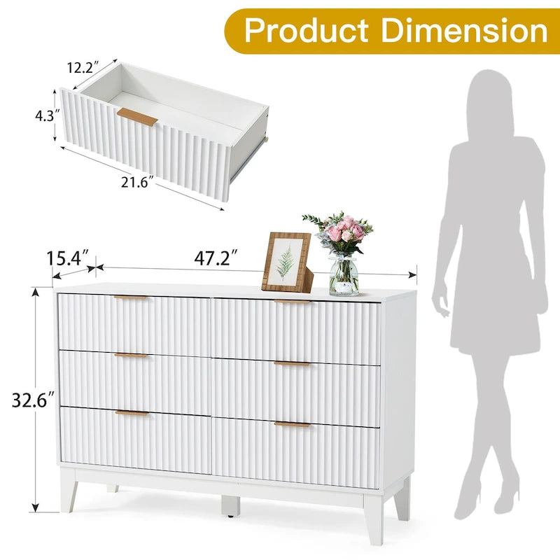 EROMMY Fluted Dresser 6 Drawer Mid Century Modern Dresser Wide Chest of Drawers with Metal Handles for Bedroom Living Room