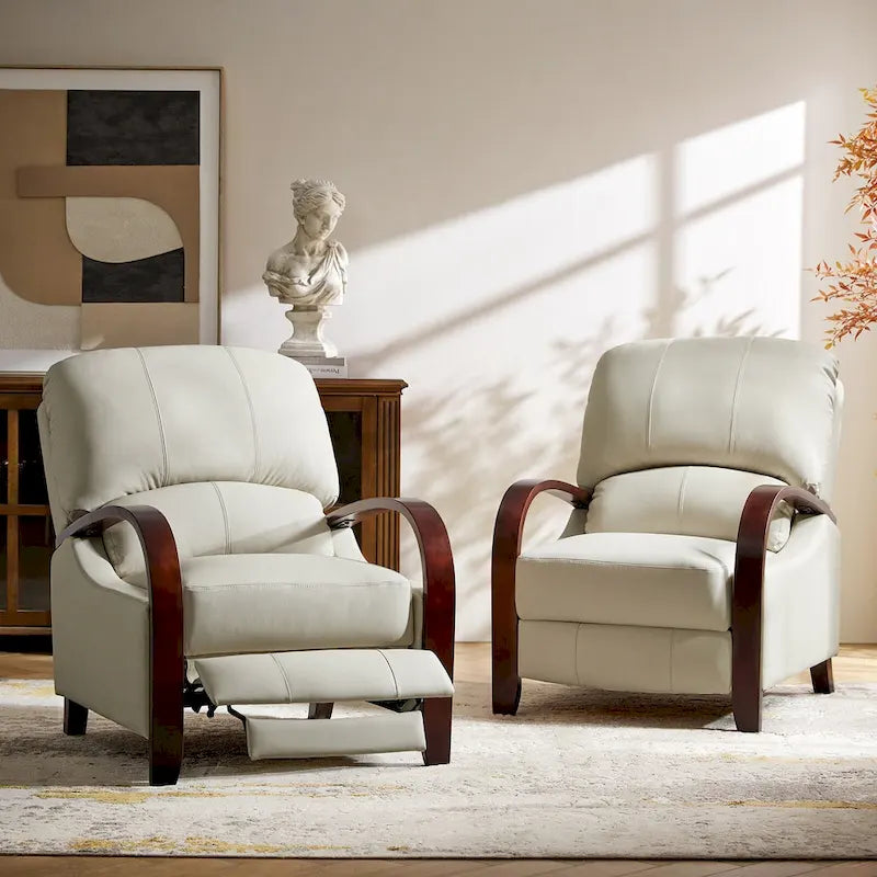 Alex Mid-century Modern Cigar Genuine Leather Manual Recliner with Wooden Curved Arms, Set of 2
