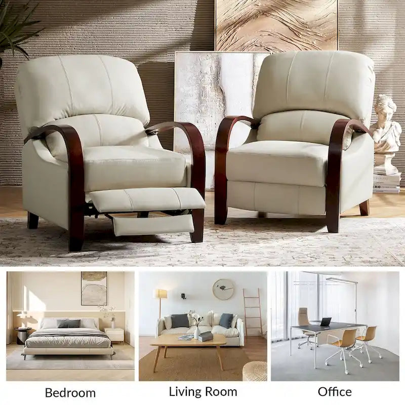 Alex Mid-century Modern Cigar Genuine Leather Manual Recliner with Wooden Curved Arms, Set of 2