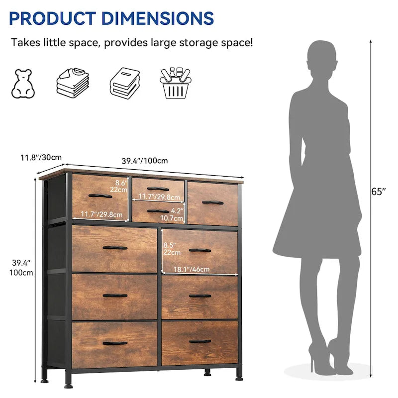 Moasis Rustic Wood-grain Badroom Dresser with Metal Frame, Wooden Top