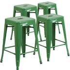 4 Pack 24H Backless Metal Indoor-Outdoor Counter Height Stool w/Square Seat