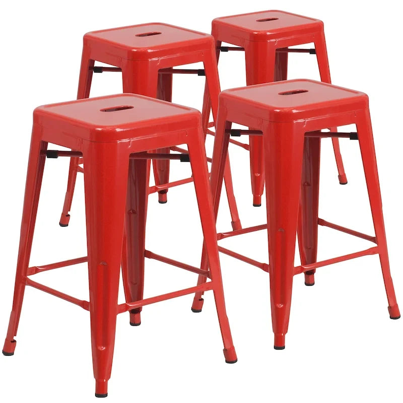 4 Pack 24H Backless Metal Indoor-Outdoor Counter Height Stool w/Square Seat