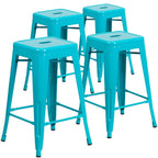 4 Pack 24H Backless Metal Indoor-Outdoor Counter Height Stool w/Square Seat