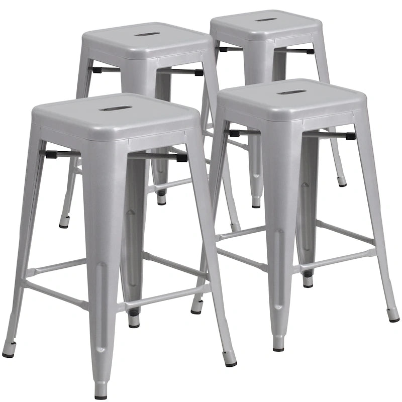 4 Pack 24H Backless Metal Indoor-Outdoor Counter Height Stool w/Square Seat
