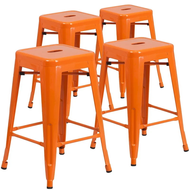 4 Pack 24H Backless Metal Indoor-Outdoor Counter Height Stool w/Square Seat