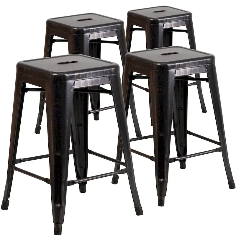 4 Pack 24H Backless Metal Indoor-Outdoor Counter Height Stool w/Square Seat
