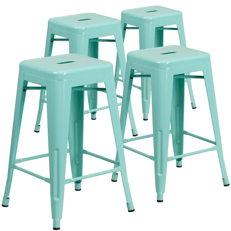 4 Pack 24H Backless Metal Indoor-Outdoor Counter Height Stool w/Square Seat