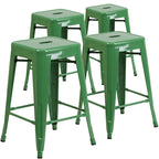 4 Pack 24H Backless Metal Indoor-Outdoor Counter Height Stool w/Square Seat