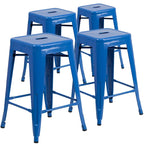 4 Pack 24H Backless Metal Indoor-Outdoor Counter Height Stool w/Square Seat