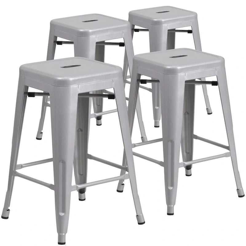 4 Pack 24H Backless Metal Indoor-Outdoor Counter Height Stool w/Square Seat