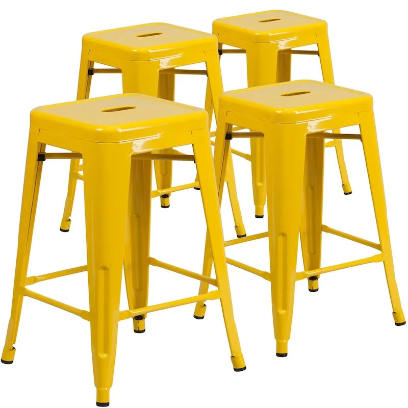 4 Pack 24H Backless Metal Indoor-Outdoor Counter Height Stool w/Square Seat