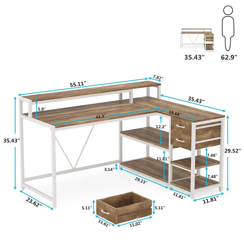 Modern L Shaped Computer Desk with Drawer and storage shelf