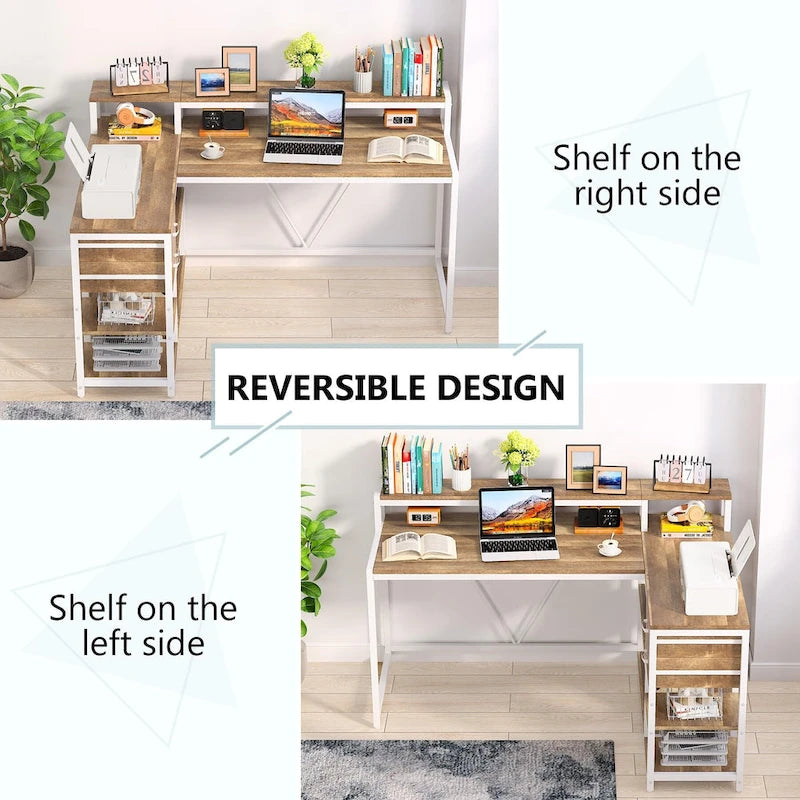 Modern L Shaped Computer Desk with Drawer and storage shelf