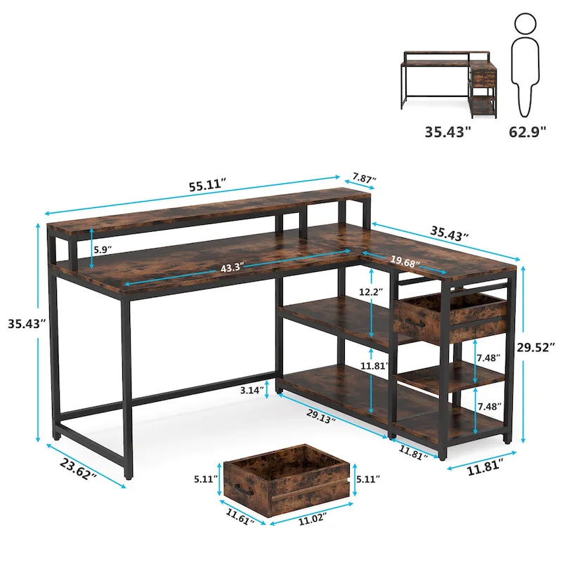 Modern L Shaped Computer Desk with Drawer and storage shelf