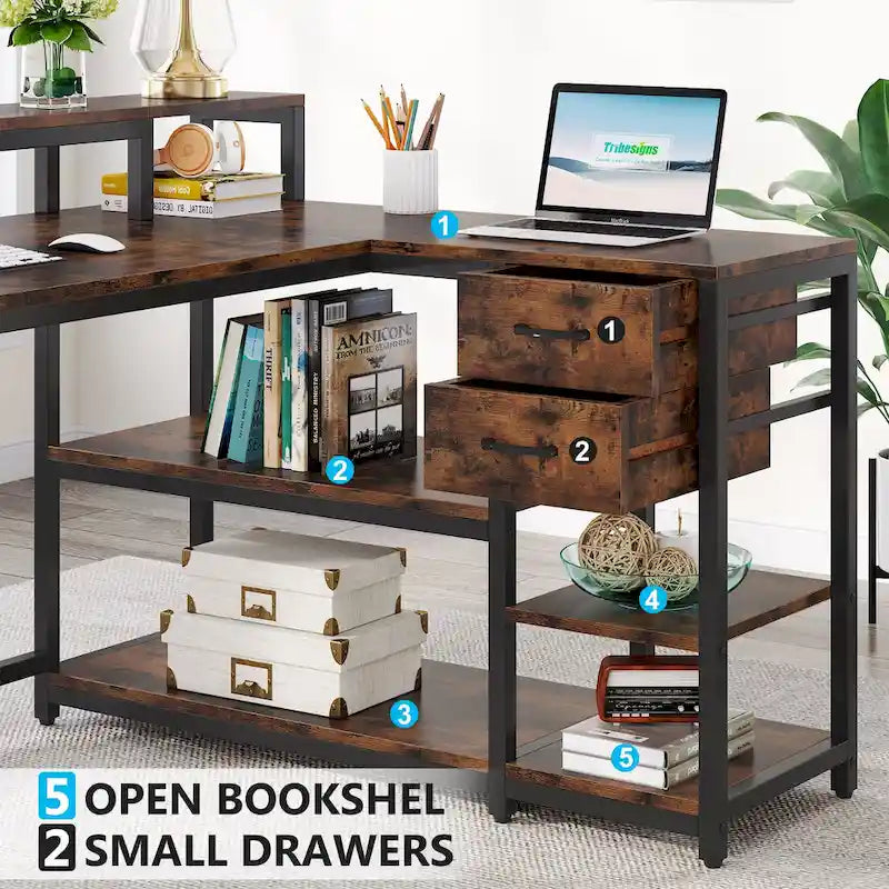 Modern L Shaped Computer Desk with Drawer and storage shelf