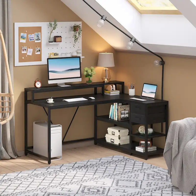 Modern L Shaped Computer Desk with Drawer and storage shelf