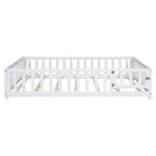 Full Size Wooden Floor Platform Bed with Fence and Door for Kids