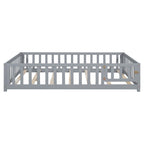 Full Size Wooden Floor Platform Bed with Fence and Door for Kids