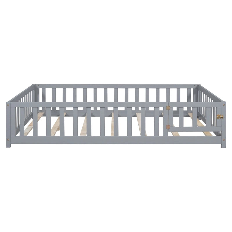 Full Size Wooden Floor Platform Bed with Fence and Door for Kids