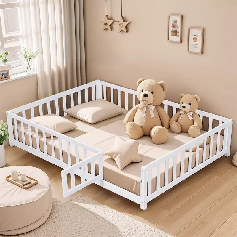 Full Size Wooden Floor Platform Bed with Fence and Door for Kids