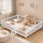 Full Size Wooden Floor Platform Bed with Fence and Door for Kids