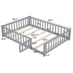 Full Size Wooden Floor Platform Bed with Fence and Door for Kids