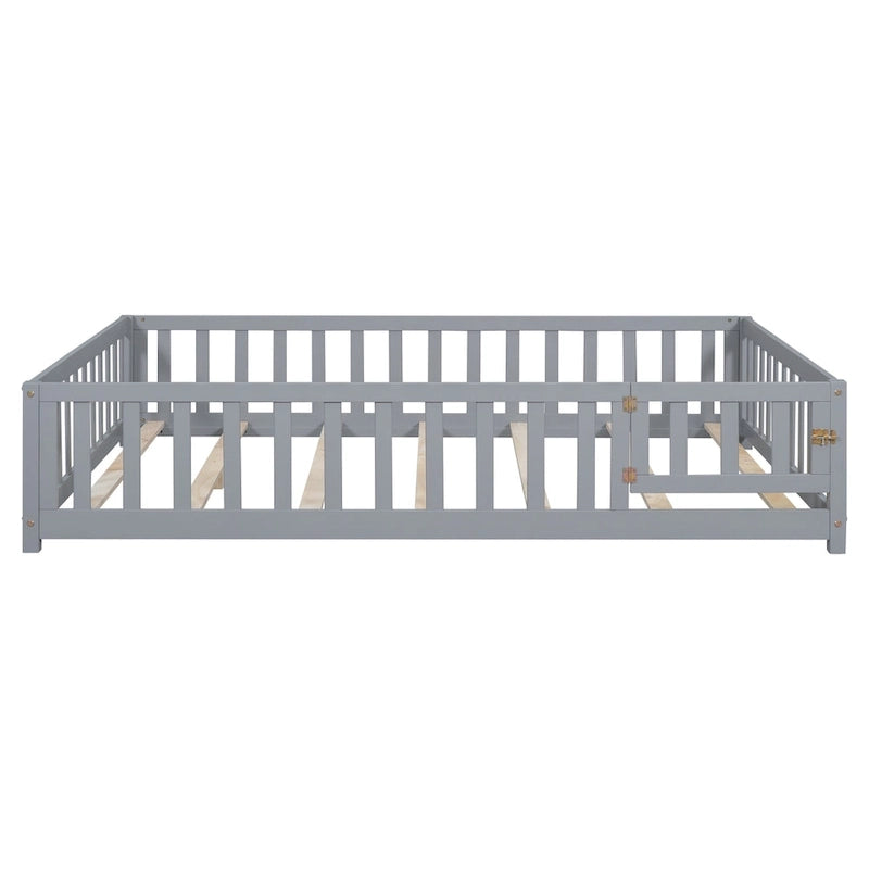 Full Size Wooden Floor Platform Bed with Fence and Door for Kids