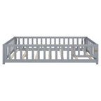 Full Size Wooden Floor Platform Bed with Fence and Door for Kids