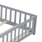 Full Size Wooden Floor Platform Bed with Fence and Door for Kids