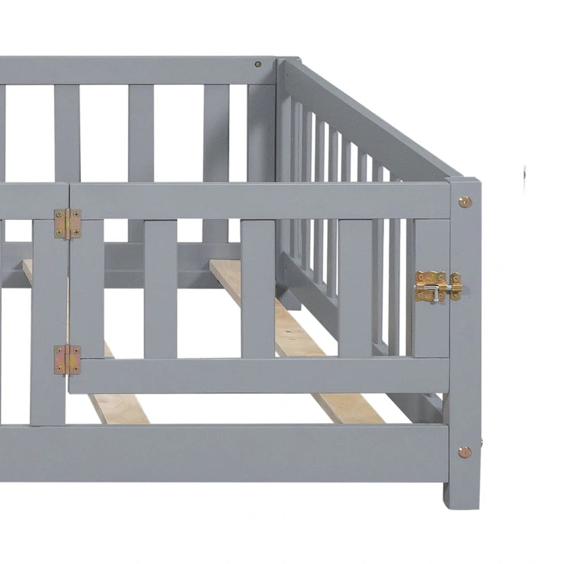 Full Size Wooden Floor Platform Bed with Fence and Door for Kids