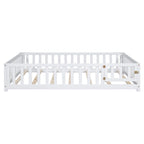 Full Size Wooden Floor Platform Bed with Fence and Door for Kids