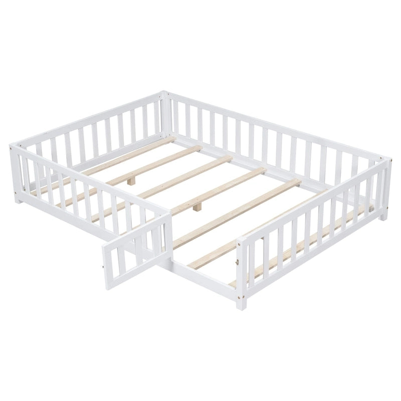 Full Size Wooden Floor Platform Bed with Fence and Door for Kids