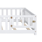 Full Size Wooden Floor Platform Bed with Fence and Door for Kids
