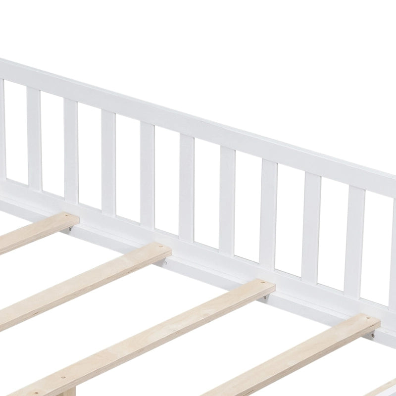 Full Size Wooden Floor Platform Bed with Fence and Door for Kids