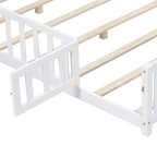 Full Size Wooden Floor Platform Bed with Fence and Door for Kids