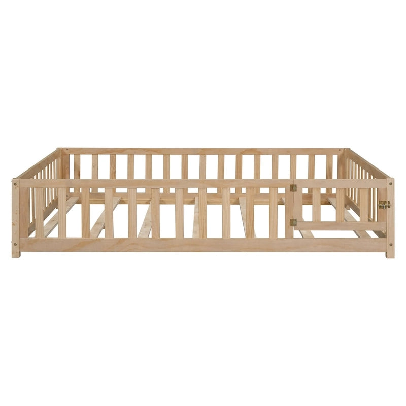 Full Size Wooden Floor Platform Bed with Fence and Door for Kids
