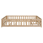 Full Size Wooden Floor Platform Bed with Fence and Door for Kids