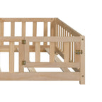 Full Size Wooden Floor Platform Bed with Fence and Door for Kids