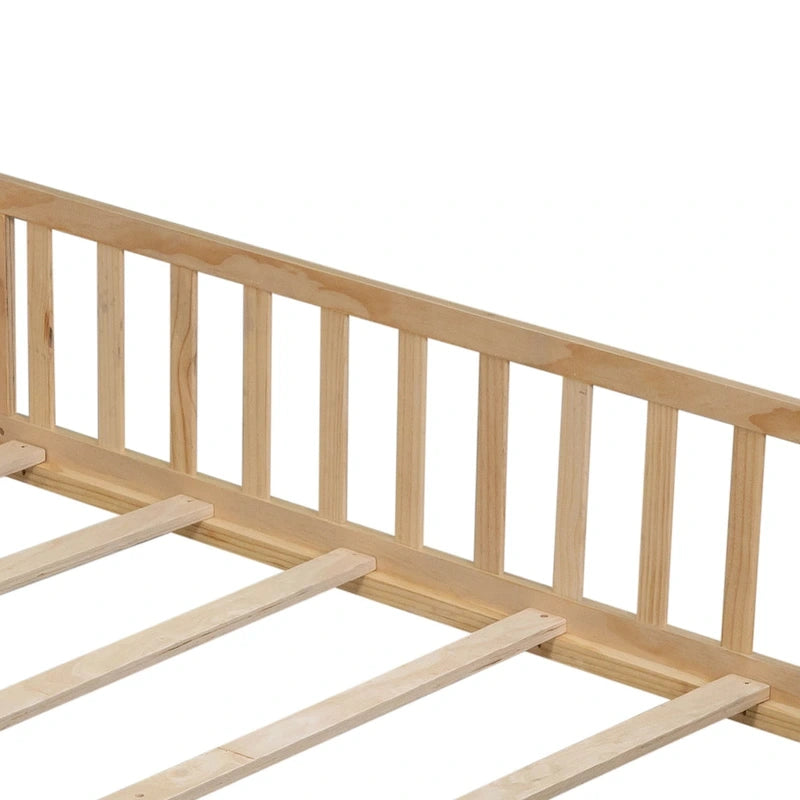 Full Size Wooden Floor Platform Bed with Fence and Door for Kids