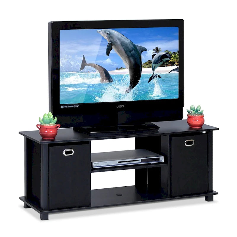 Porch & Den Tompkins Black MDF Entertainment Center with Storage Bins