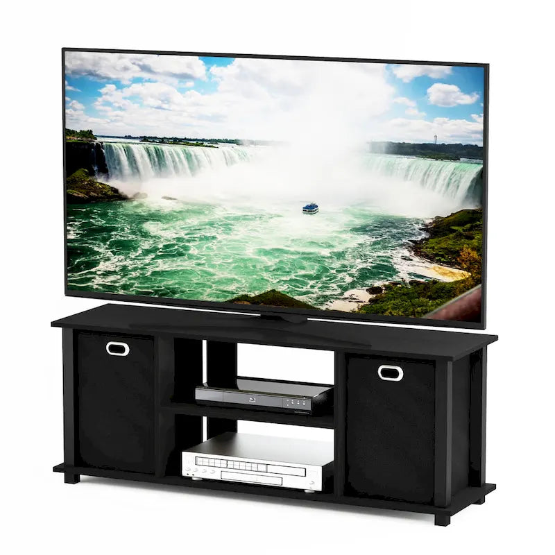 Porch & Den Tompkins Black MDF Entertainment Center with Storage Bins