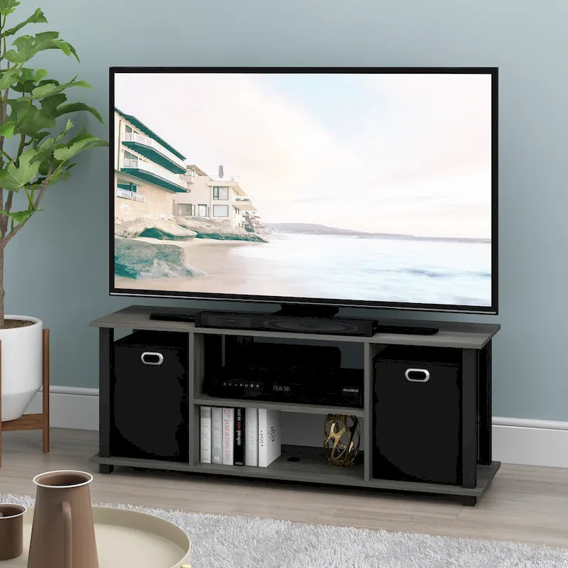 Porch & Den Tompkins Black MDF Entertainment Center with Storage Bins