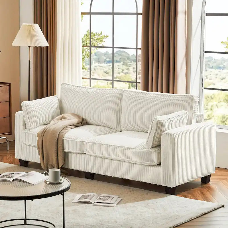 Beige / Yellow / Dark Grey / Dark Blue Corduroy 3-Seater Sofa with Wood Legs